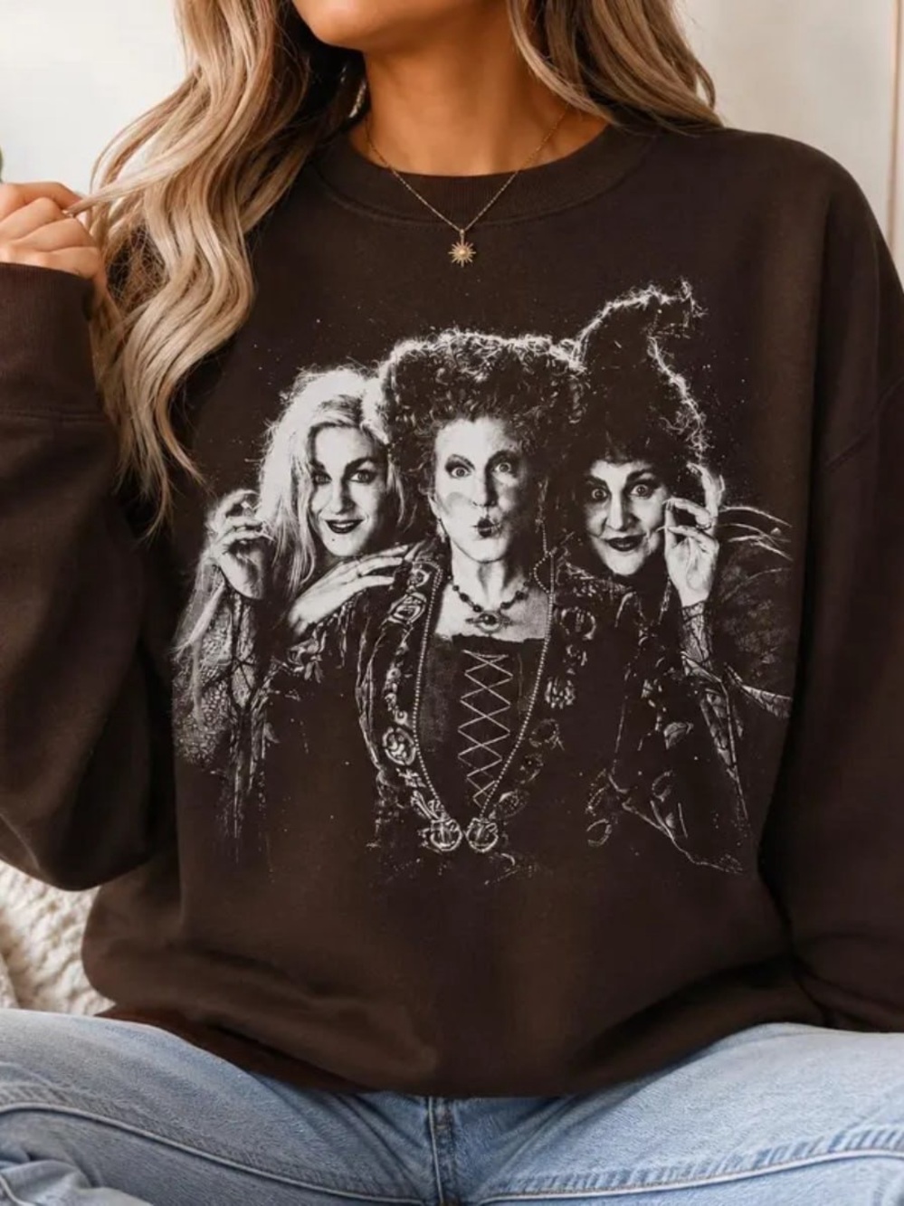 Brown Sweatshirt with White Witch Trio Graphic